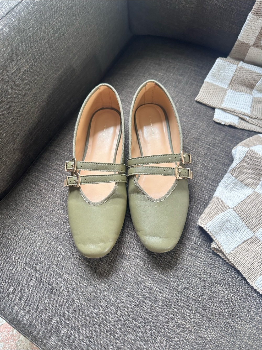Tahari Women’s Olive Green Double-Strap Mary Jane Flats